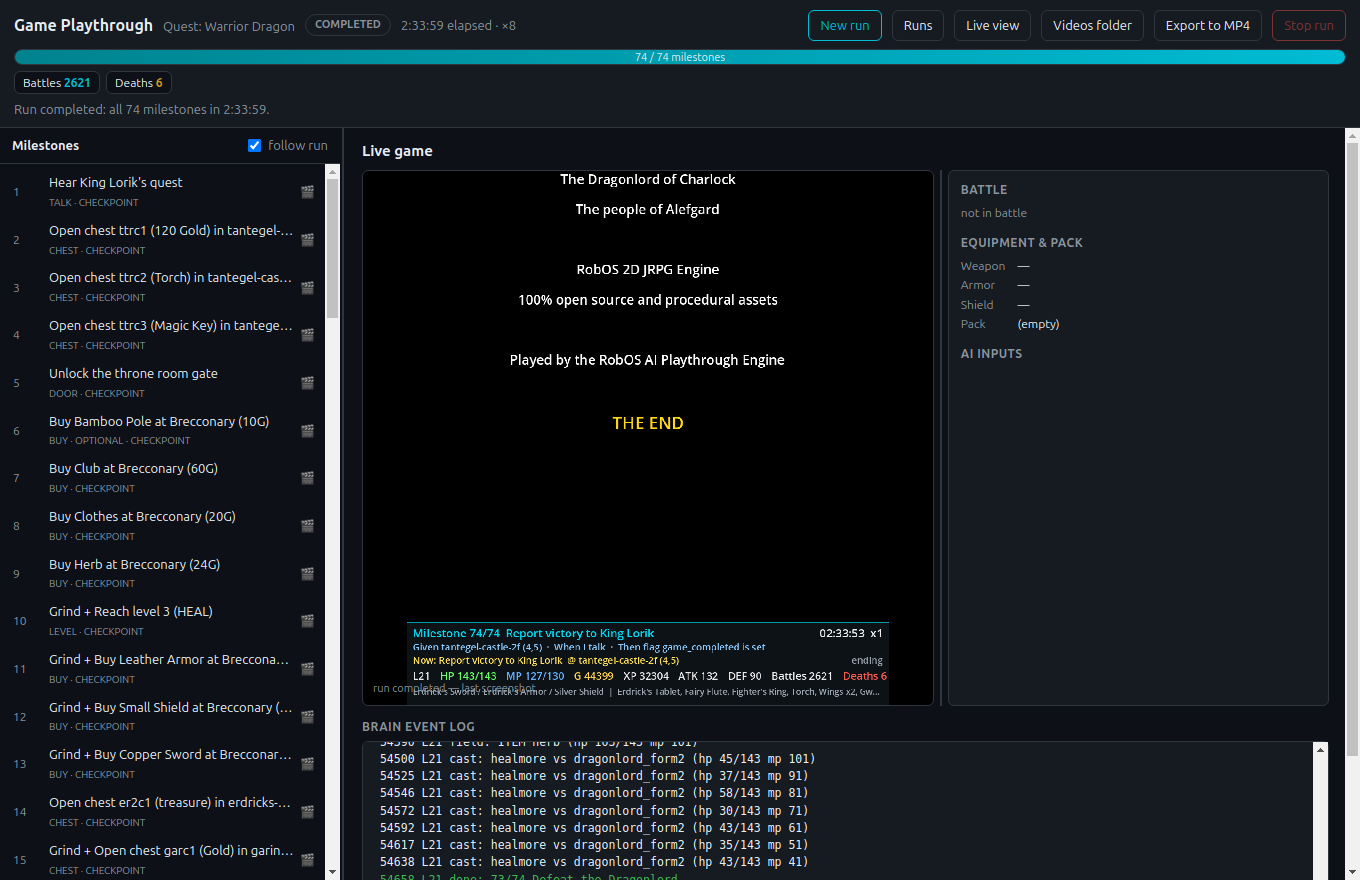 Game Playthrough live view after the winning run: 74 / 74 milestones and the closing credits