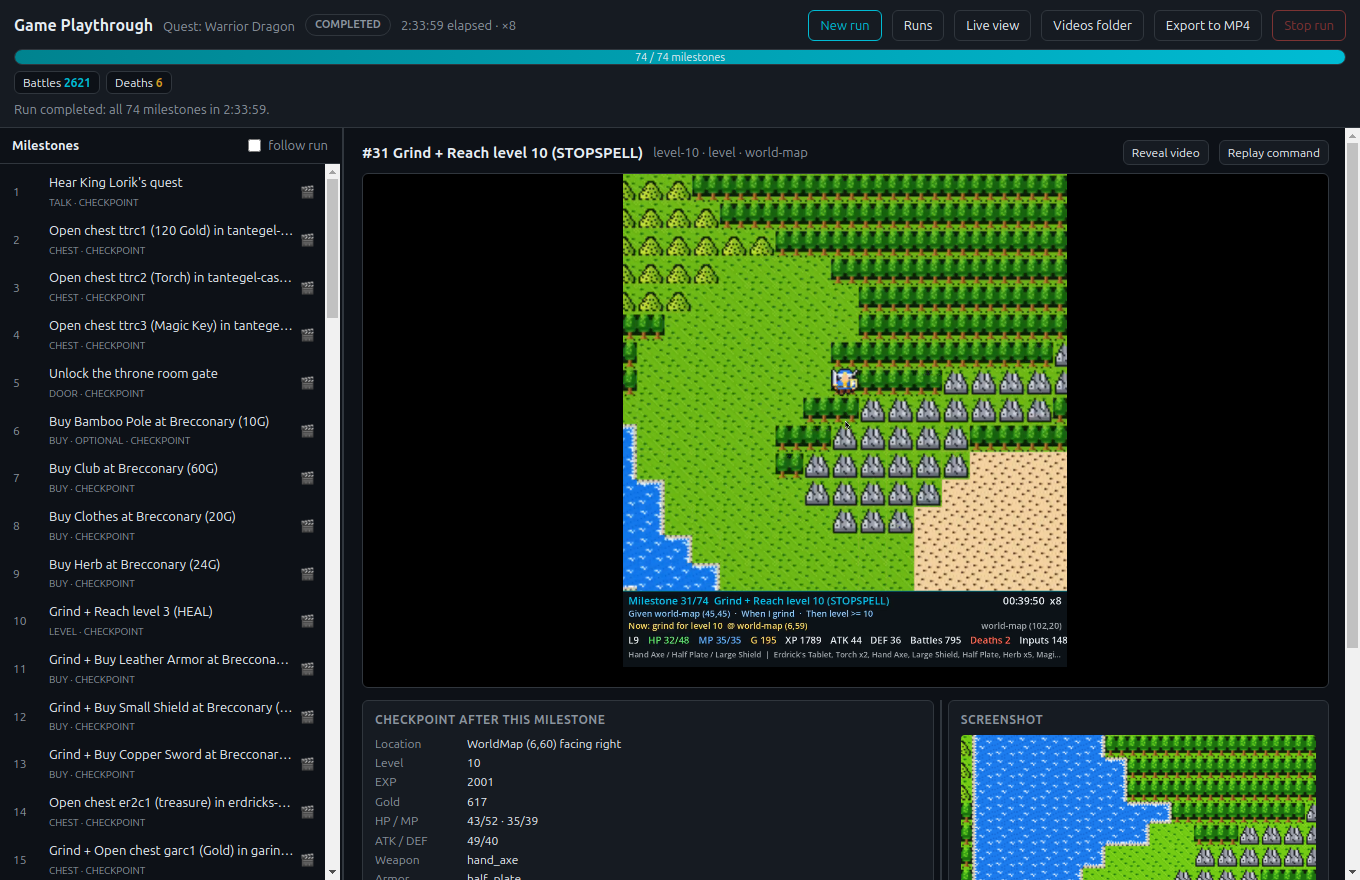 Milestone card #31 Grind + Reach level 10 with its video and checkpoint: WorldMap (6,60), level 10, 617 gold