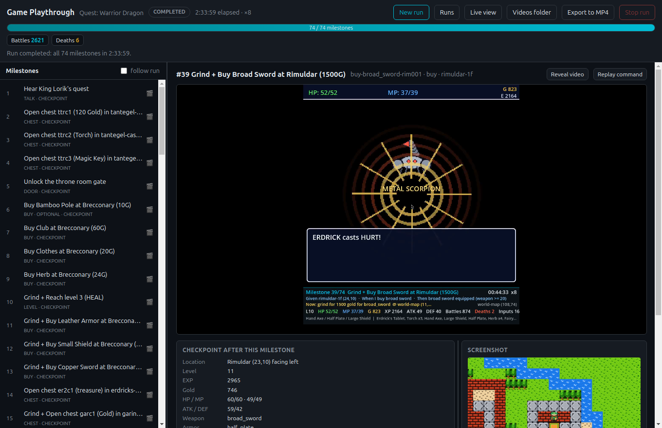 Milestone card #39 Grind + Buy Broad Sword at Rimuldar with its video and checkpoint: broad_sword, 746 gold
