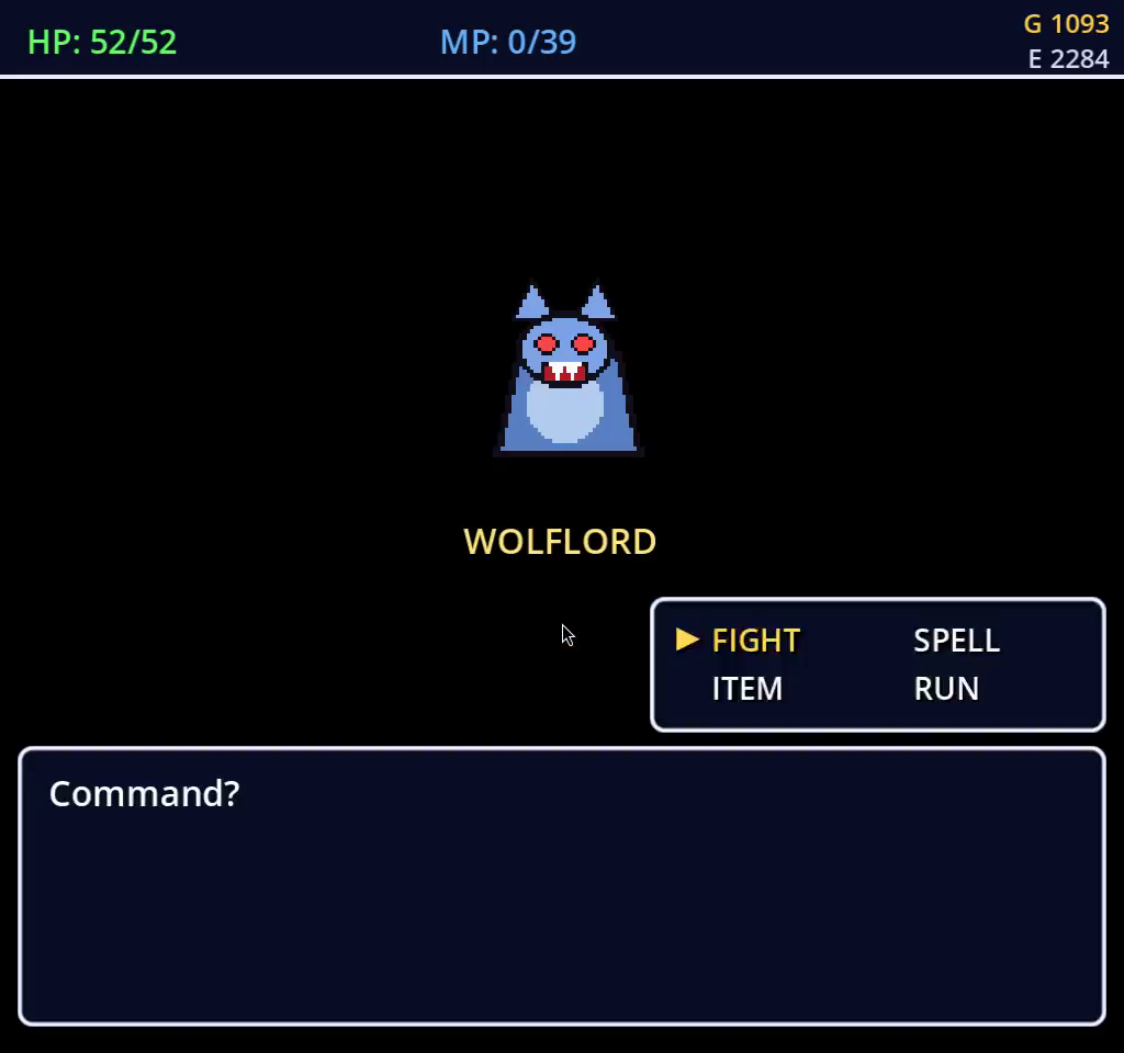 Wolflord battle with the FIGHT / SPELL menu
