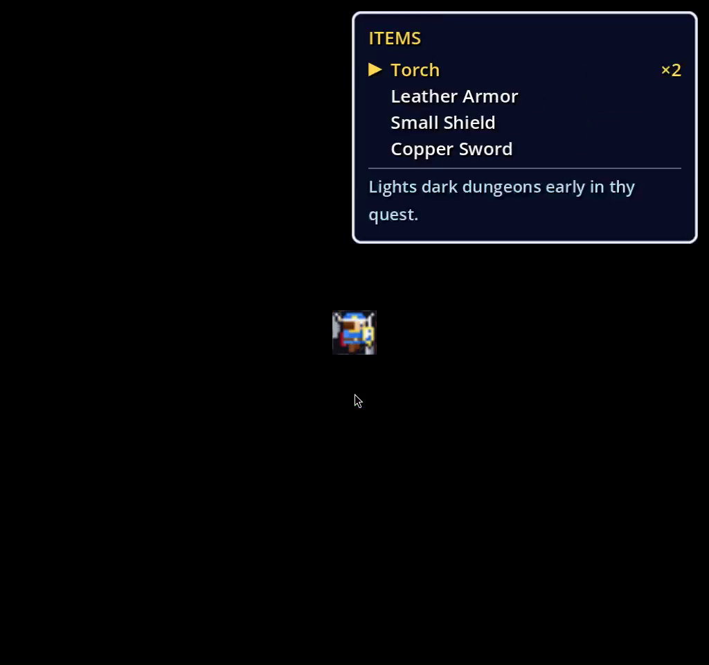 The ITEMS window in Erdrick's Cave: Torch x2, Leather Armor, Small Shield, Copper Sword