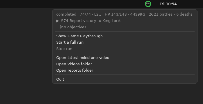 GNOME top bar with the Game Playthrough tray icon and its context menu after the winning run
