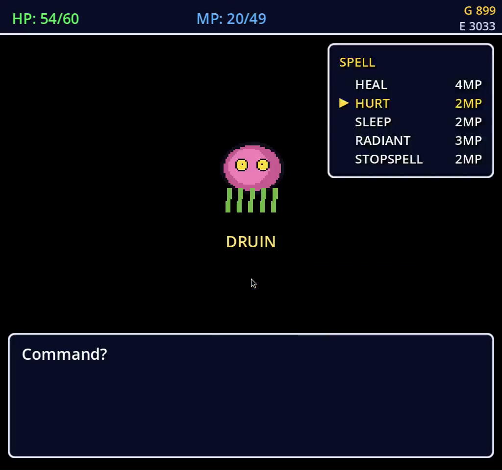 Battle spell list with HURT selected against a Druin