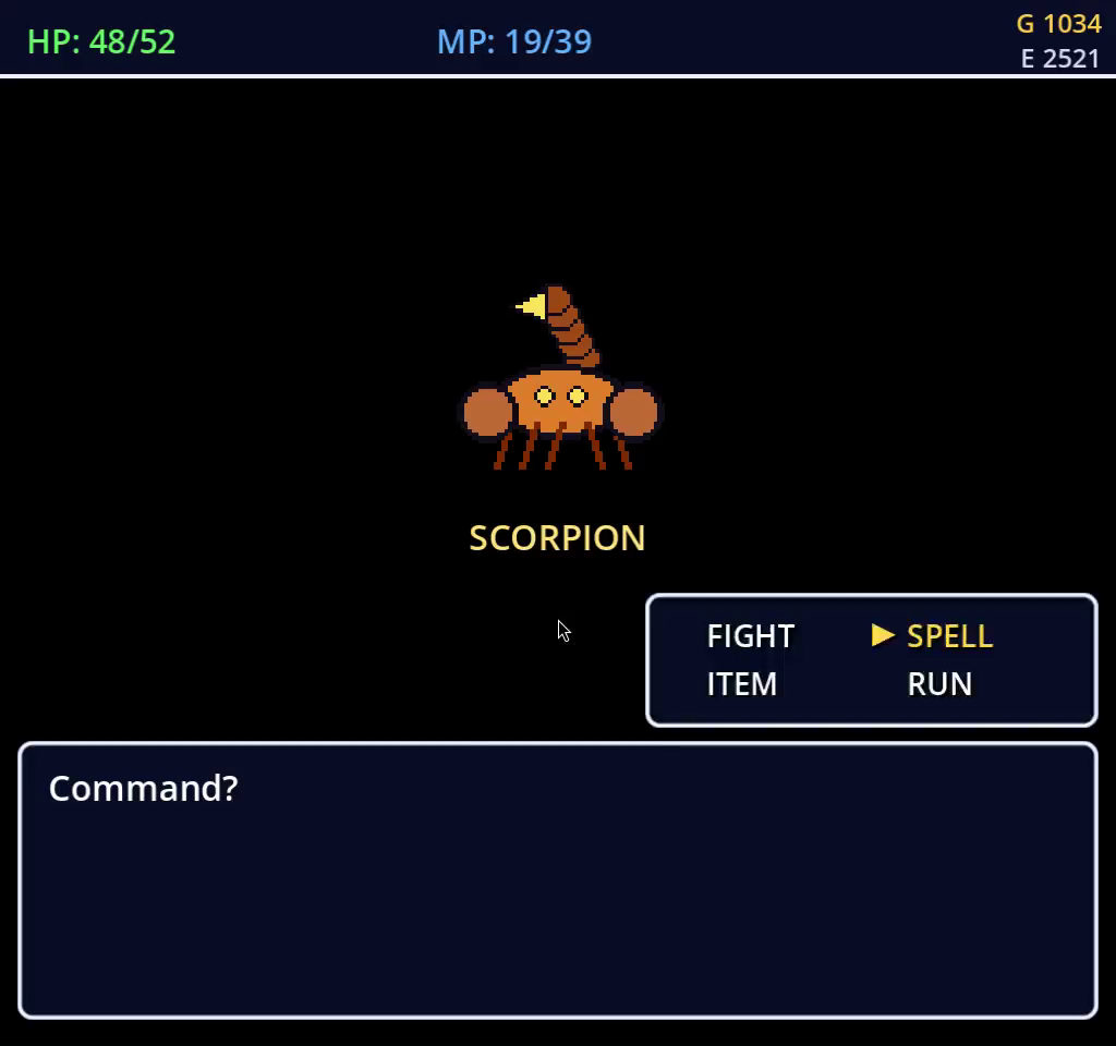 Scorpion battle with SPELL selected