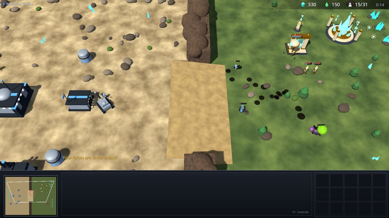 Three-way battle between Meridian Guard, Gnarl Brood, and Aurelian Concord