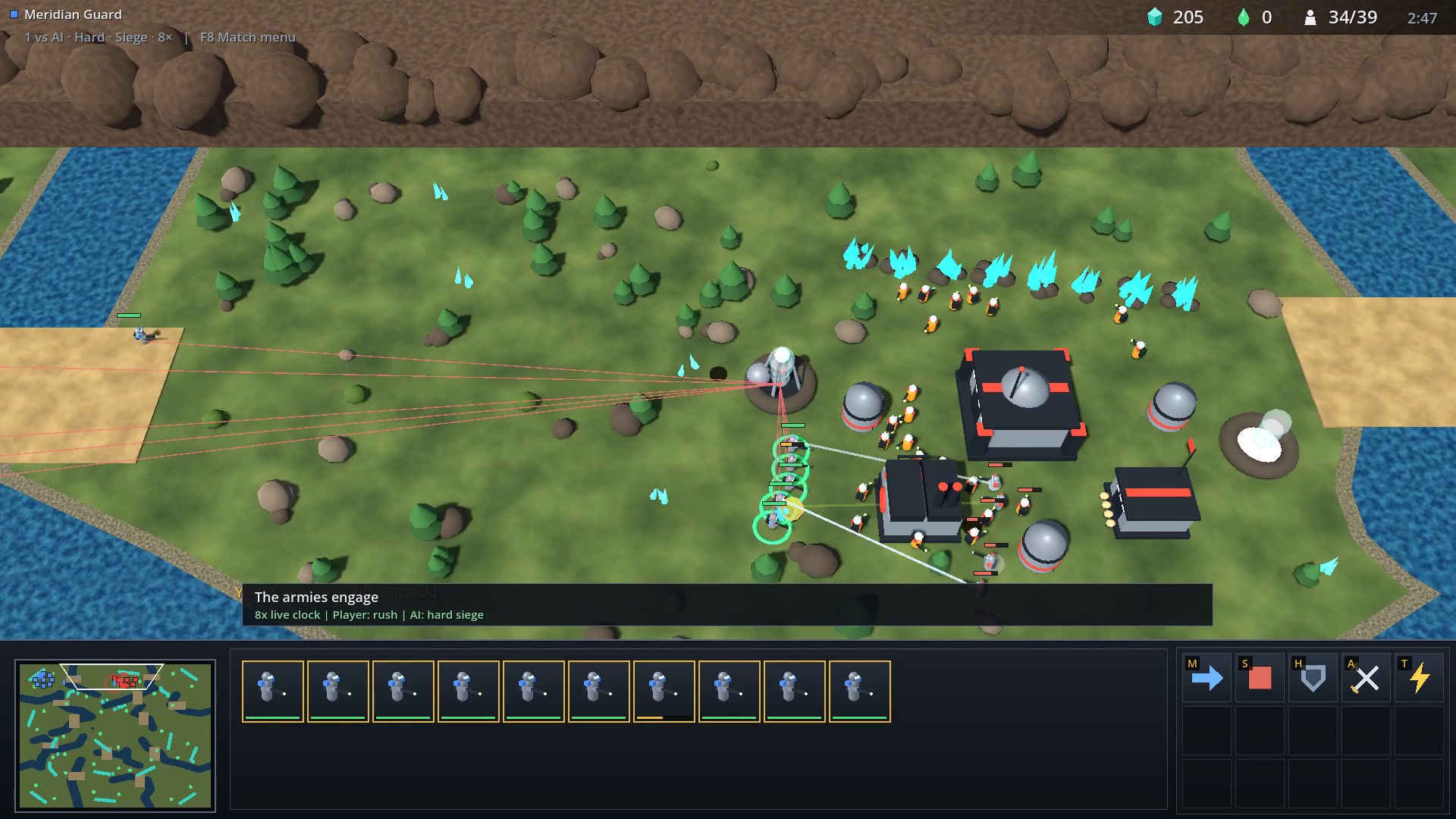Frontier Hunters combat: the player's Riflemen attack the Hard Siege AI base