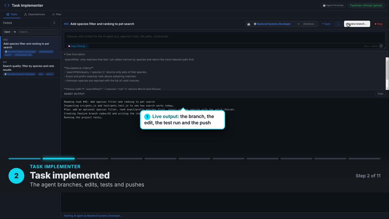 Task implemented. The agent branches, edits, tests and pushes