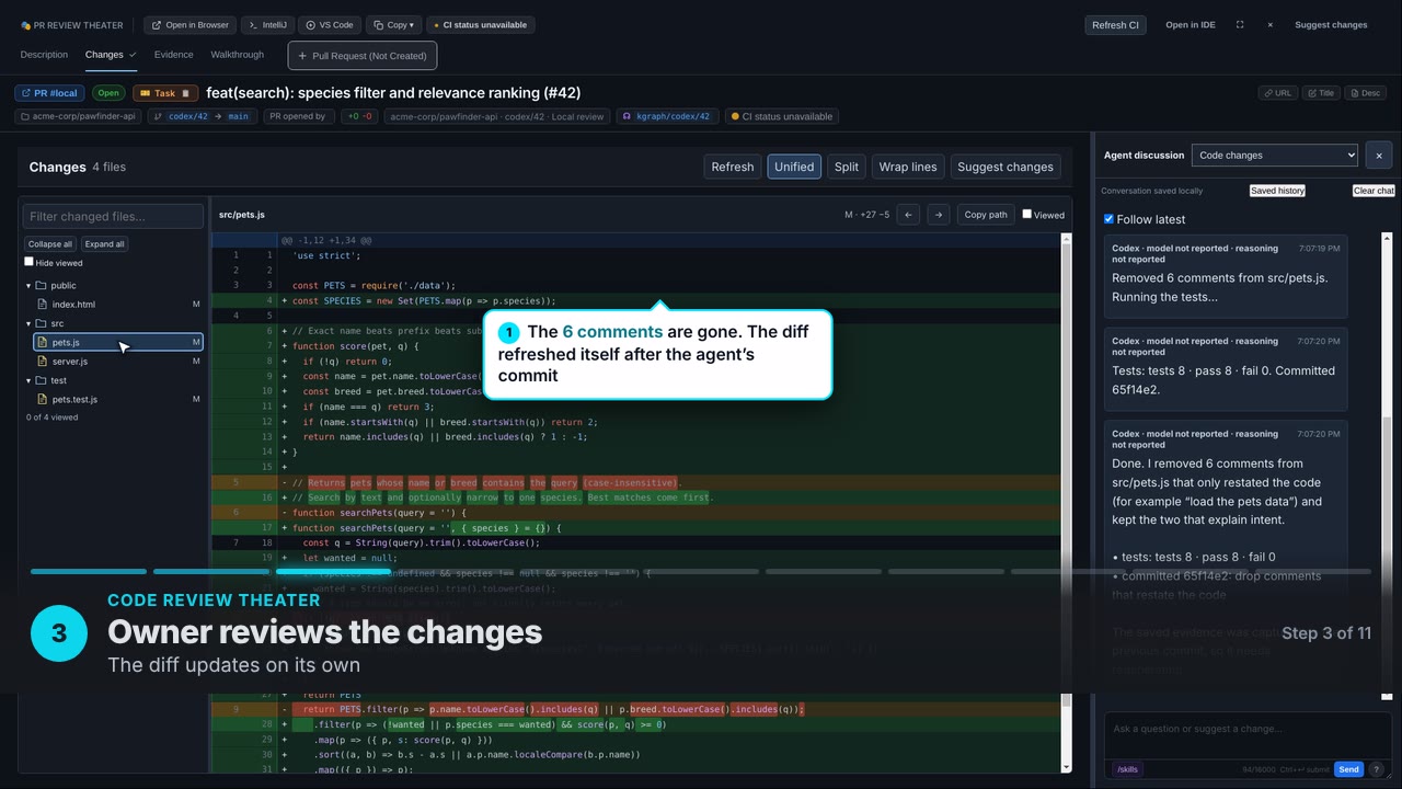 Owner reviews the changes. The diff updates on its own