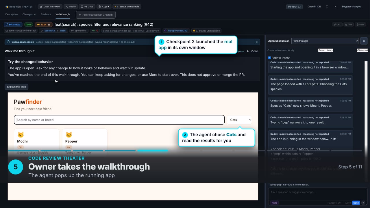Owner takes the walkthrough. The agent pops up the running app