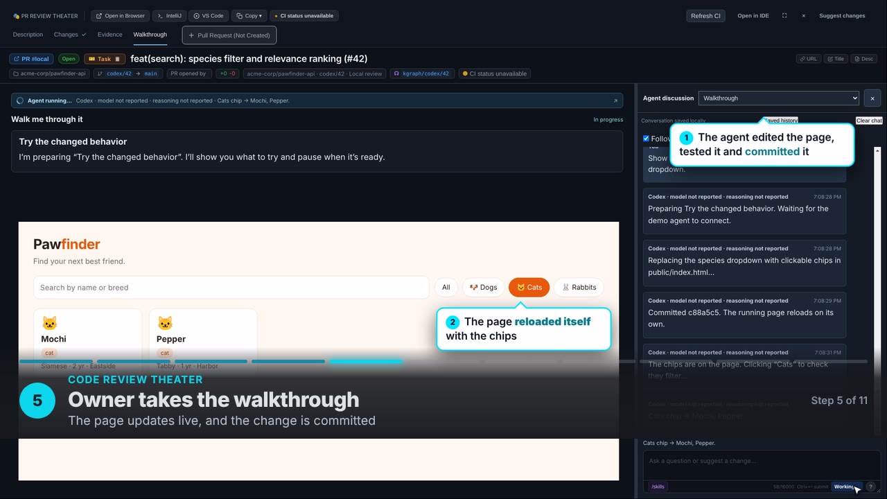Owner takes the walkthrough. The page updates live, and the change is committed
