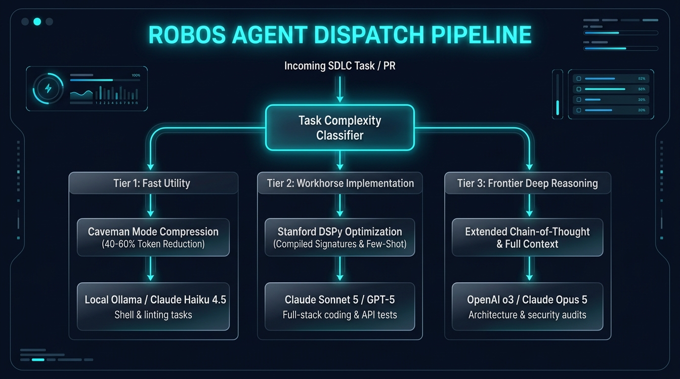 RobOS Agent Dispatch Pipeline: Model Tiers, Caveman Compression, and DSPy Optimization