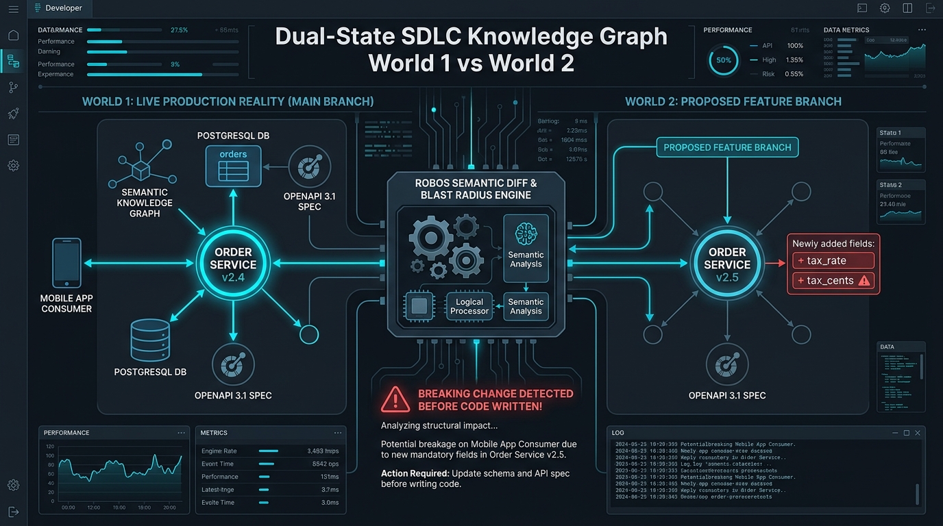 Dual-State SDLC Knowledge Graph World 1 vs World 2 Blast Radius