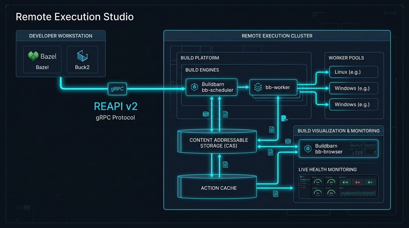 Remote Execution Studio Architecture: Bazel, Buck2, REAPI v2, and Buildbarn