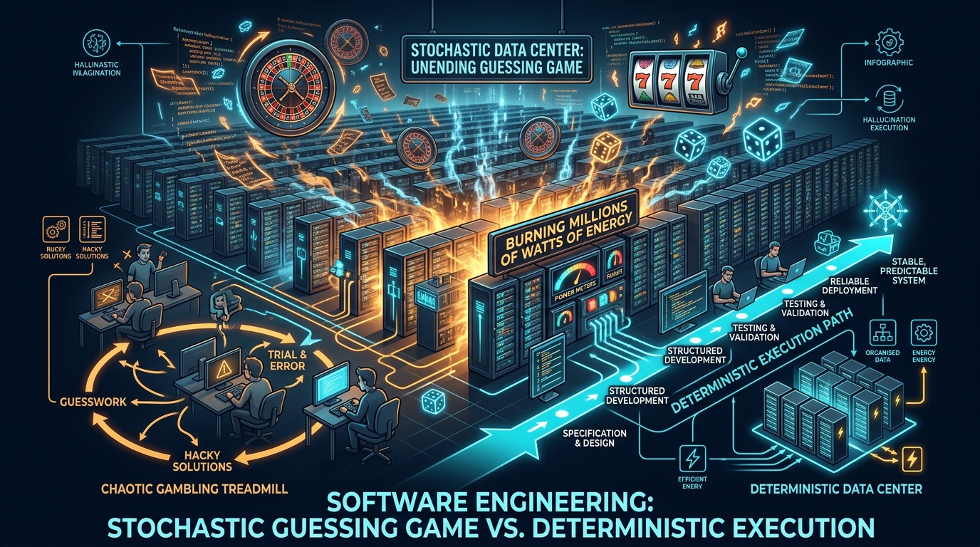 Software Engineering: Stochastic Guessing Game vs. Deterministic Execution