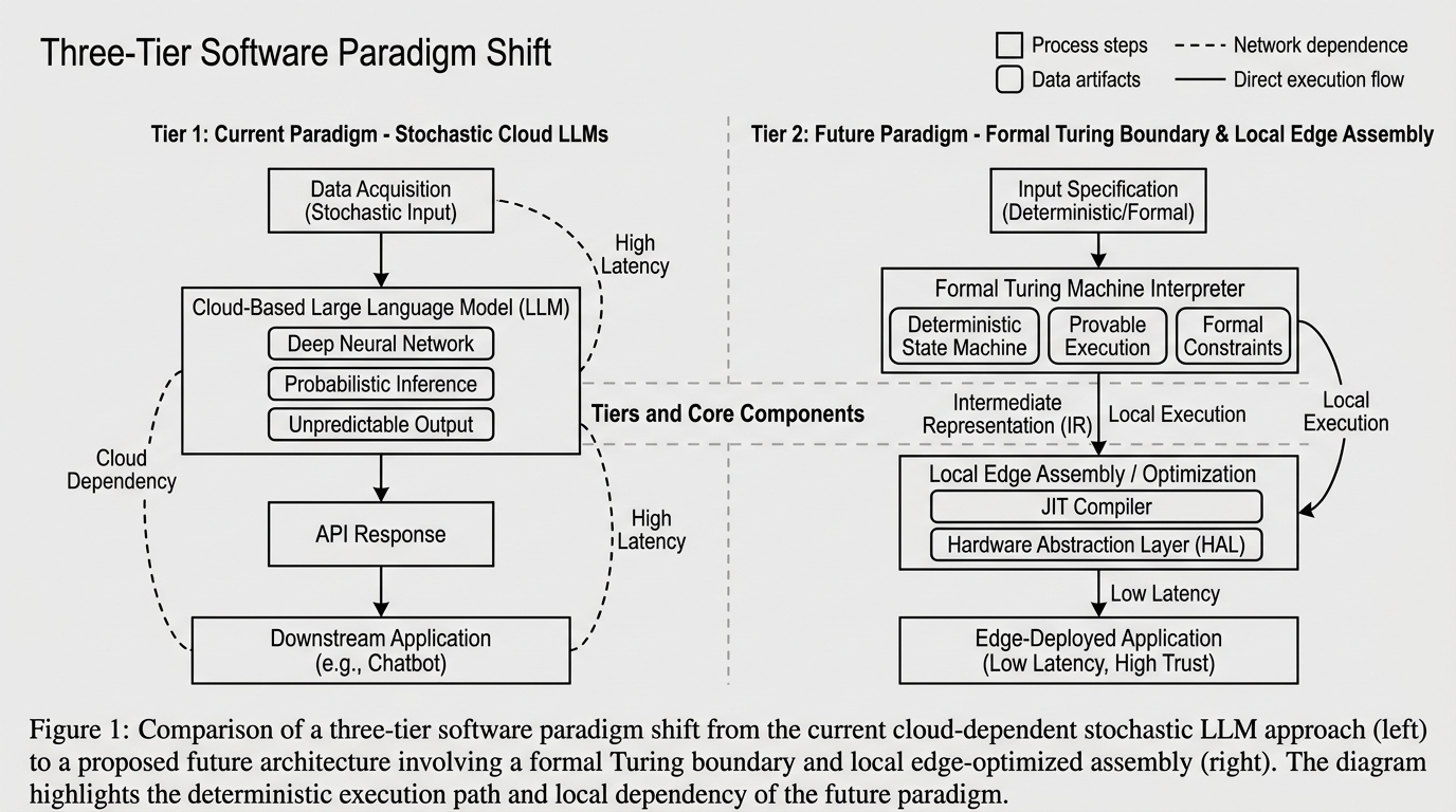 Figure 1: Comparison of a three-tier software paradigm shift from the current cloud-dependent stochastic LLM approach to a formal Turing boundary and local edge assembly.