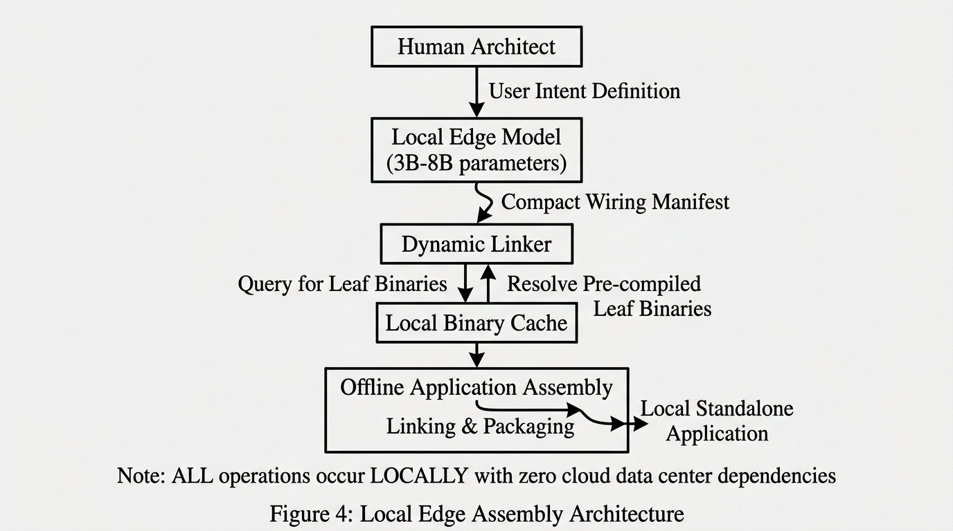 Figure 4: Local Edge Assembly Architecture showing human architect intent routed to local model, linker, binary cache, and offline application synthesis.