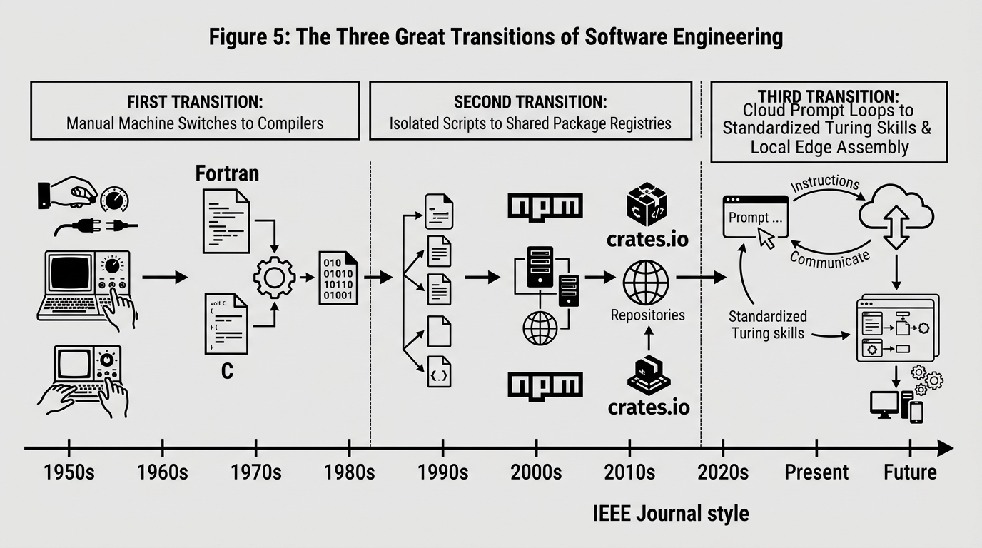 Figure 5: The Three Great Transitions of Software Engineering timeline showing manual switches to compilers, isolated scripts to registries, and cloud prompt loops to standardized Turing skills.