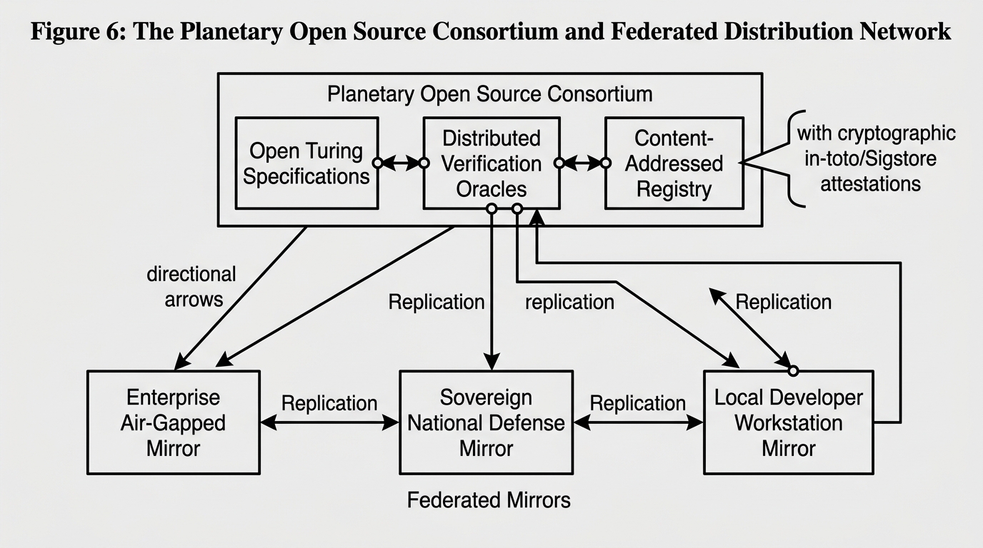 Figure 6: The Planetary Open Source Consortium and Federated Distribution Network showing open specifications, verification oracles, content-addressed registry, and sovereign mirrors.