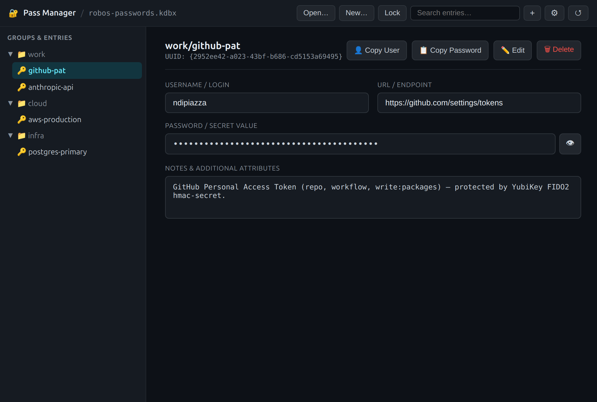 RobOS Pass Manager showing an unlocked .kdbx archive with work, cloud, and infra groups and the selected work/github-pat entry