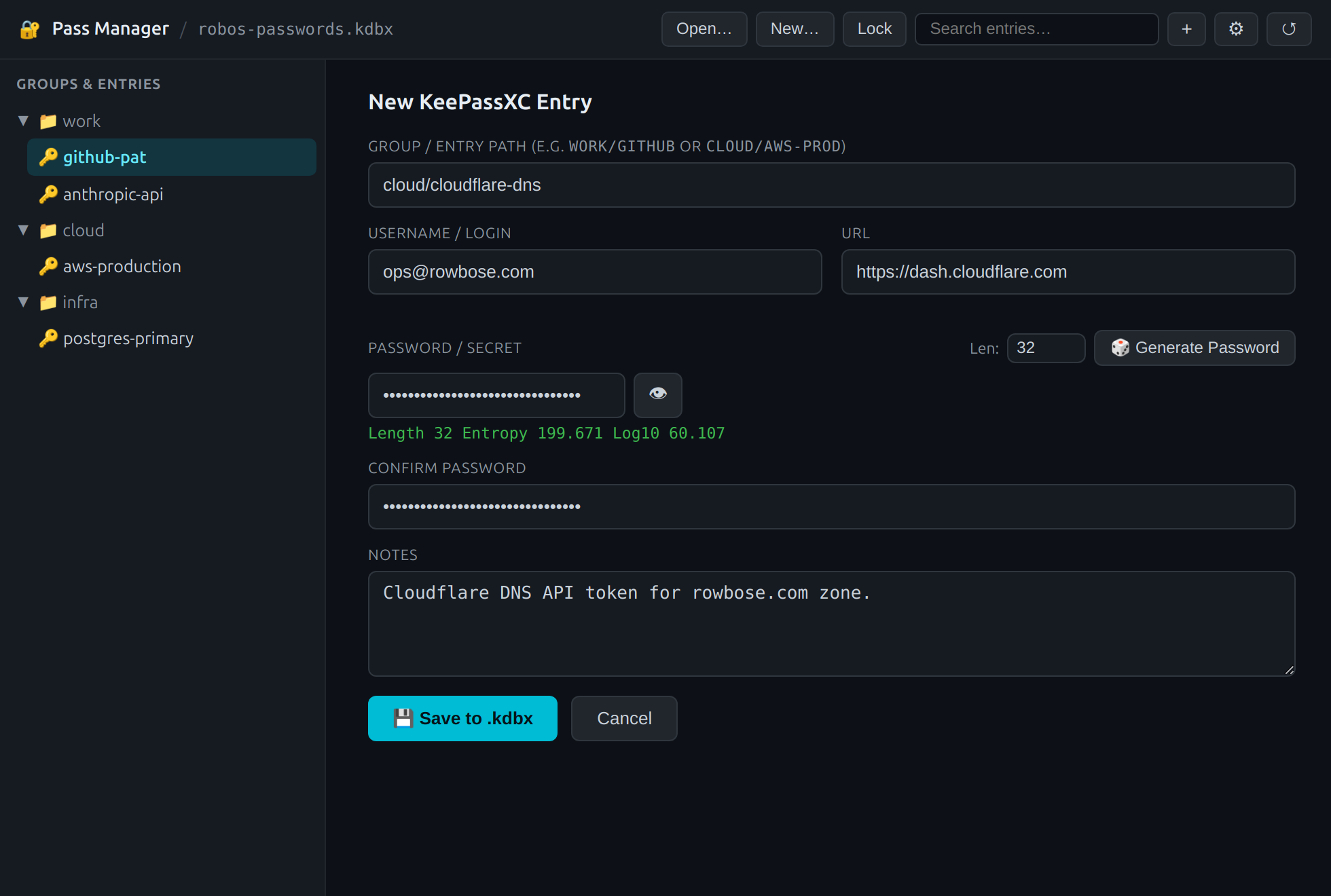 New Entry and Password Generator form inside RobOS Pass Manager
