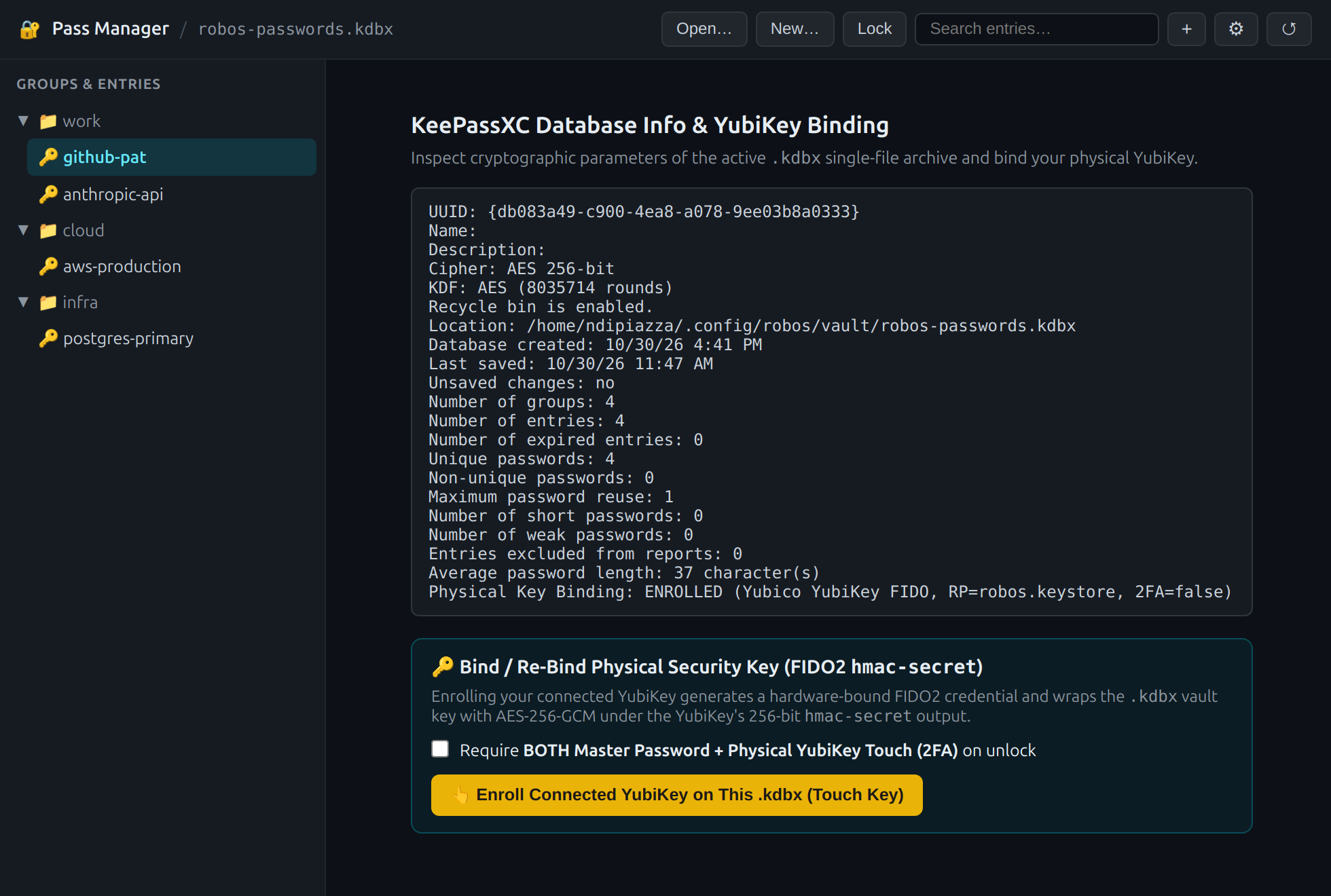 KeePassXC Database Settings and Physical Key Binding panel showing AES 256-bit, Argon2d KDF, and Yubico YubiKey FIDO binding