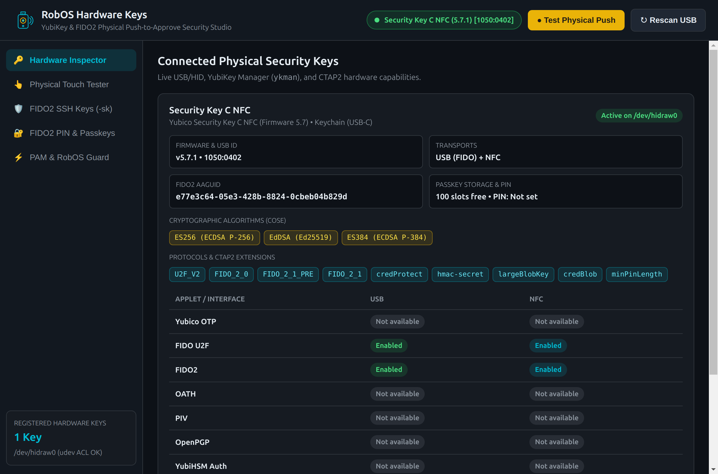 Hardware Inspector tab showing YubiKey Security Key C NFC 5.7.1 details