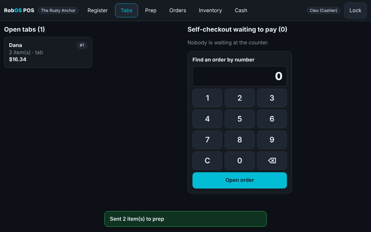 Bar open tabs and split payment view in RobOS Point of Sale