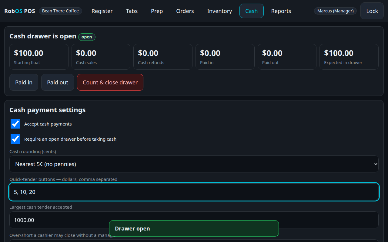 Cash payment settings (manager)