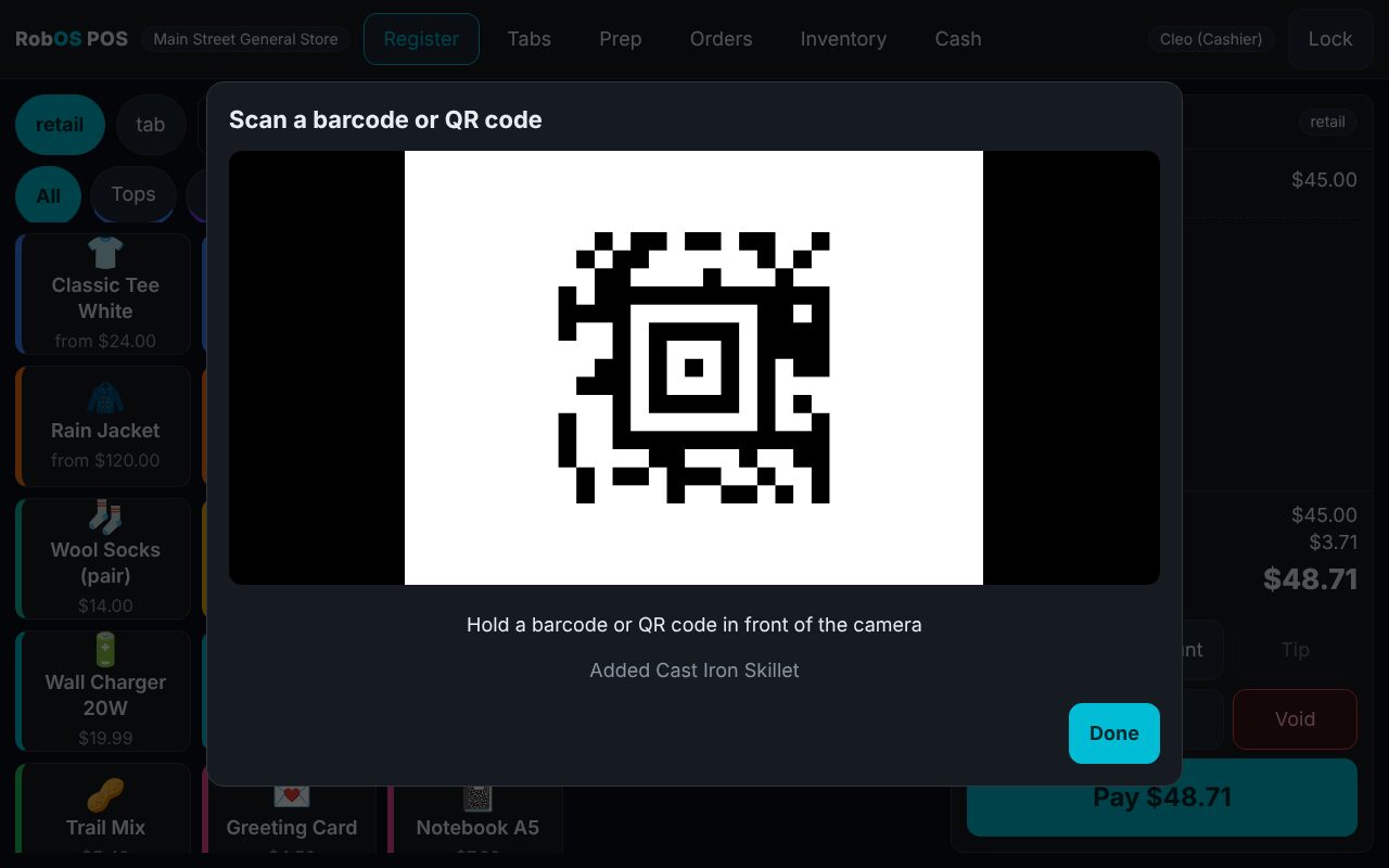 Webcam: an Aztec code holding a SKU