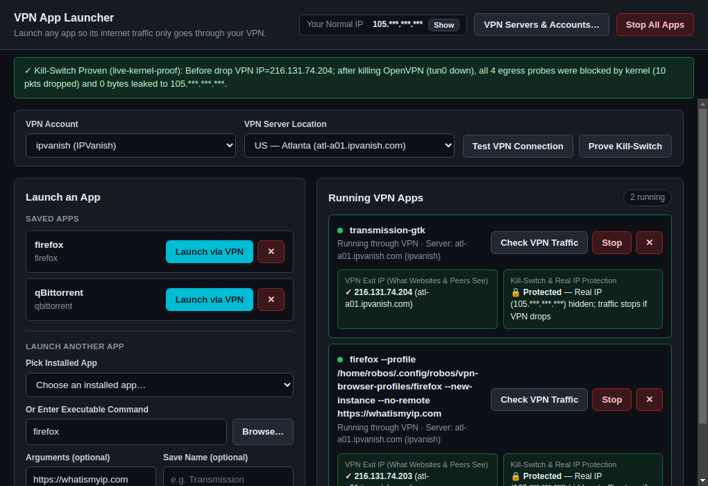 RobOS VPN Sandbox showing Firefox running inside an isolated VPN namespace and the live 5-step Kill-Switch Proof banner