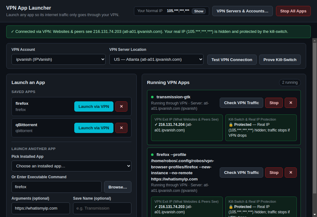 RobOS VPN Sandbox showing an active Firefox session routed over tun0 with the host normal public IP blocked