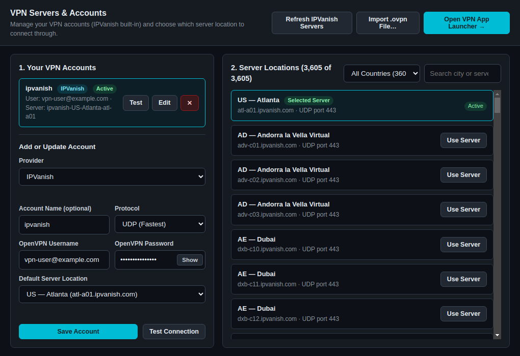 RobOS VPN Servers showing live OpenVPN account credential verification and 3,598 IPVanish server profiles