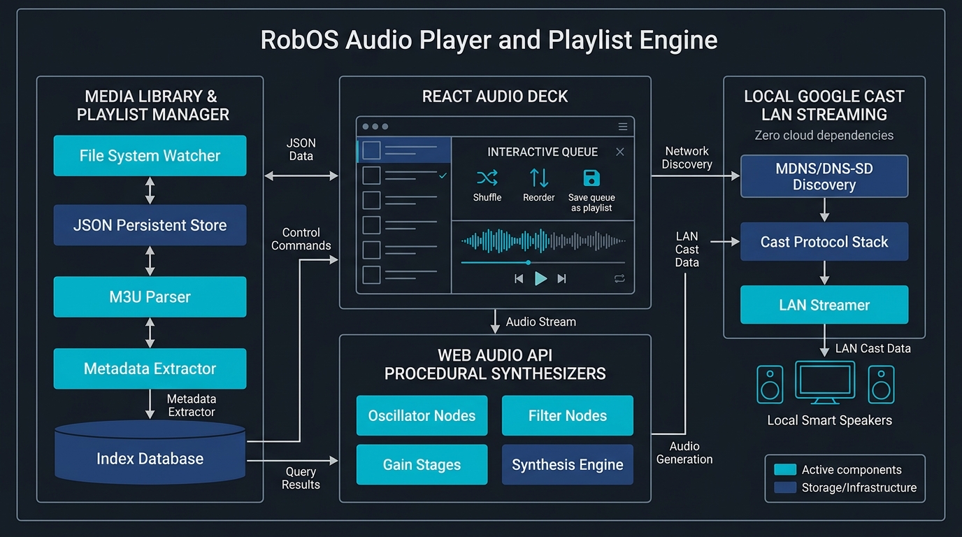 RobOS Audio Player and Home Speaker playlist and Cast streaming architecture
