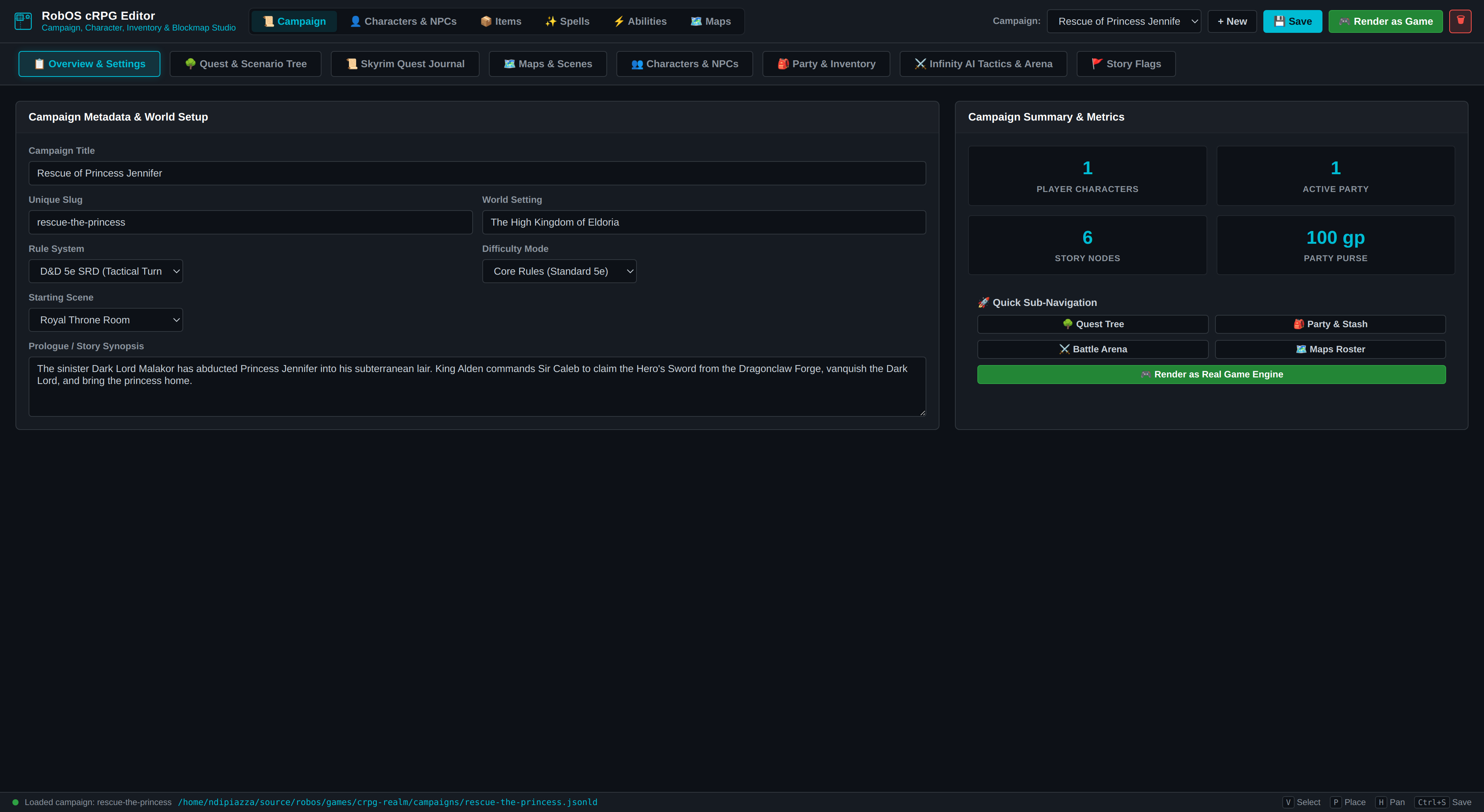 Campaign Overview tab with title, slug, setting, rule system, starting scene and synopsis