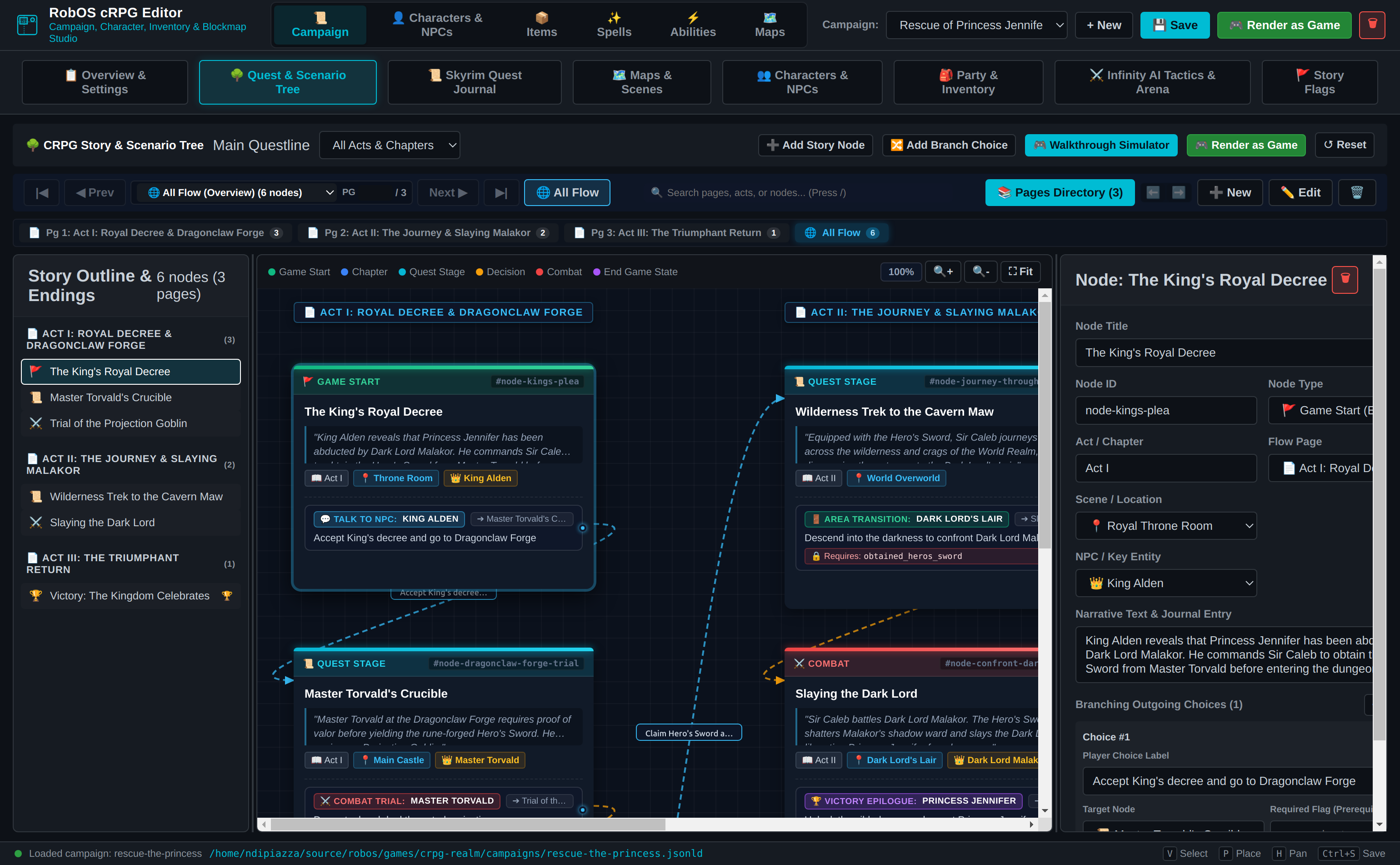Story tree with three acts, six nodes and an inspector for the selected node
