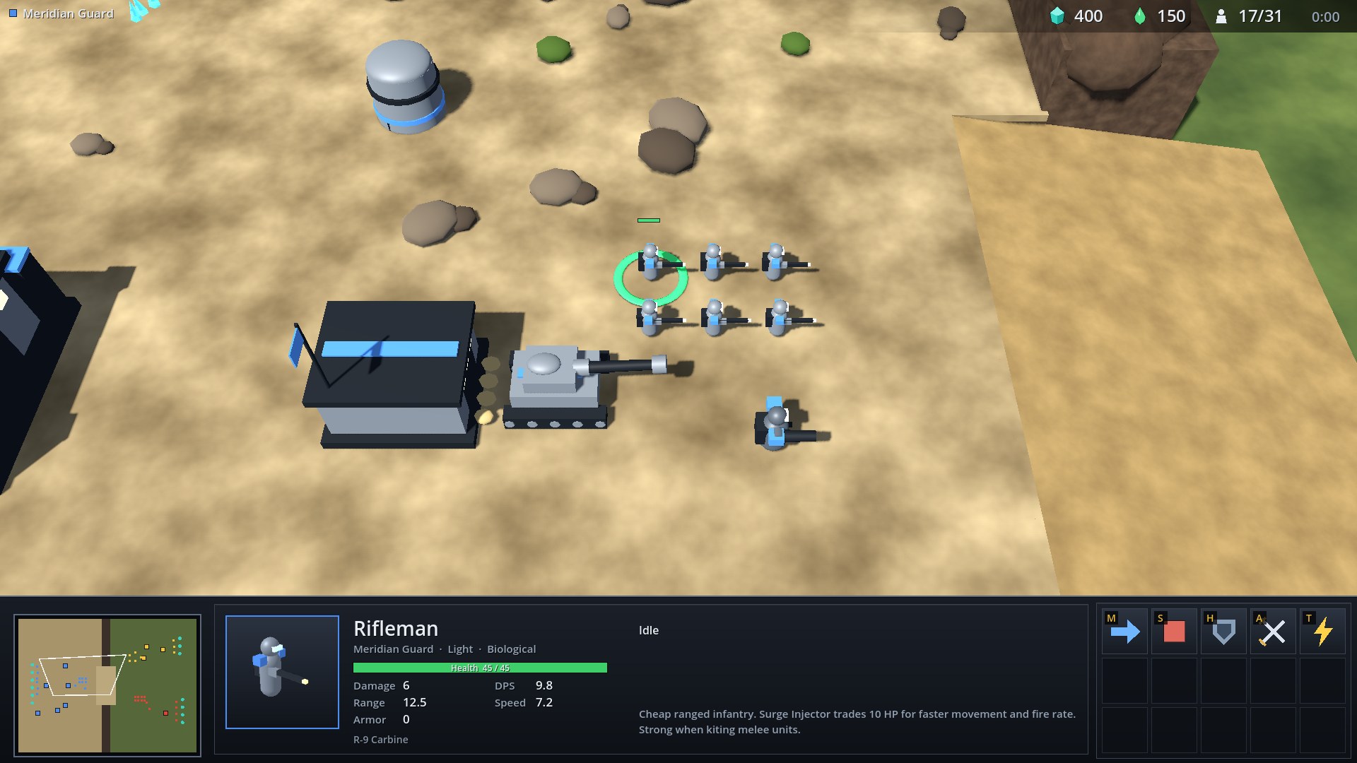 A Rifleman selected: portrait, health, damage, range and the command card