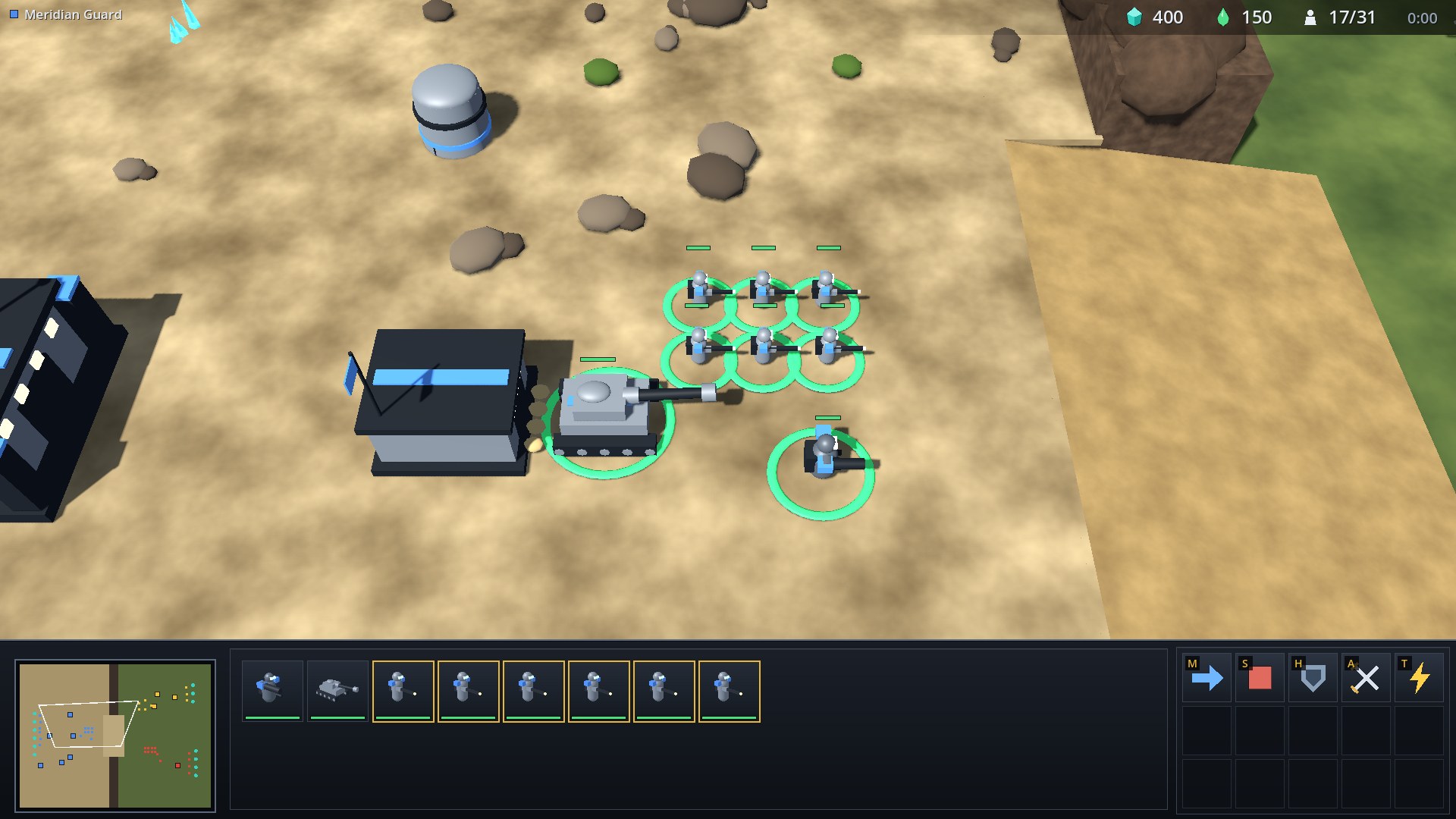 Eight units box-selected: six Riflemen, a Breacher and a Howitzer