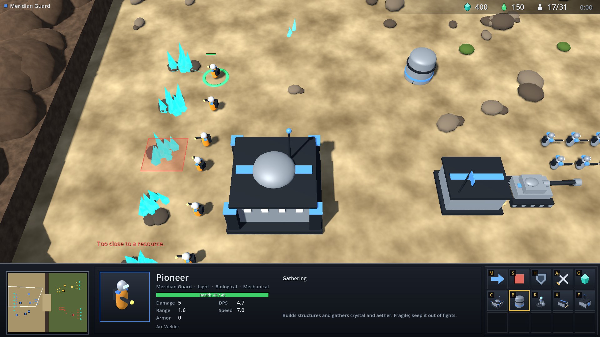 Placement footprint in red next to a crystal field, with the message "Too close to a resource"