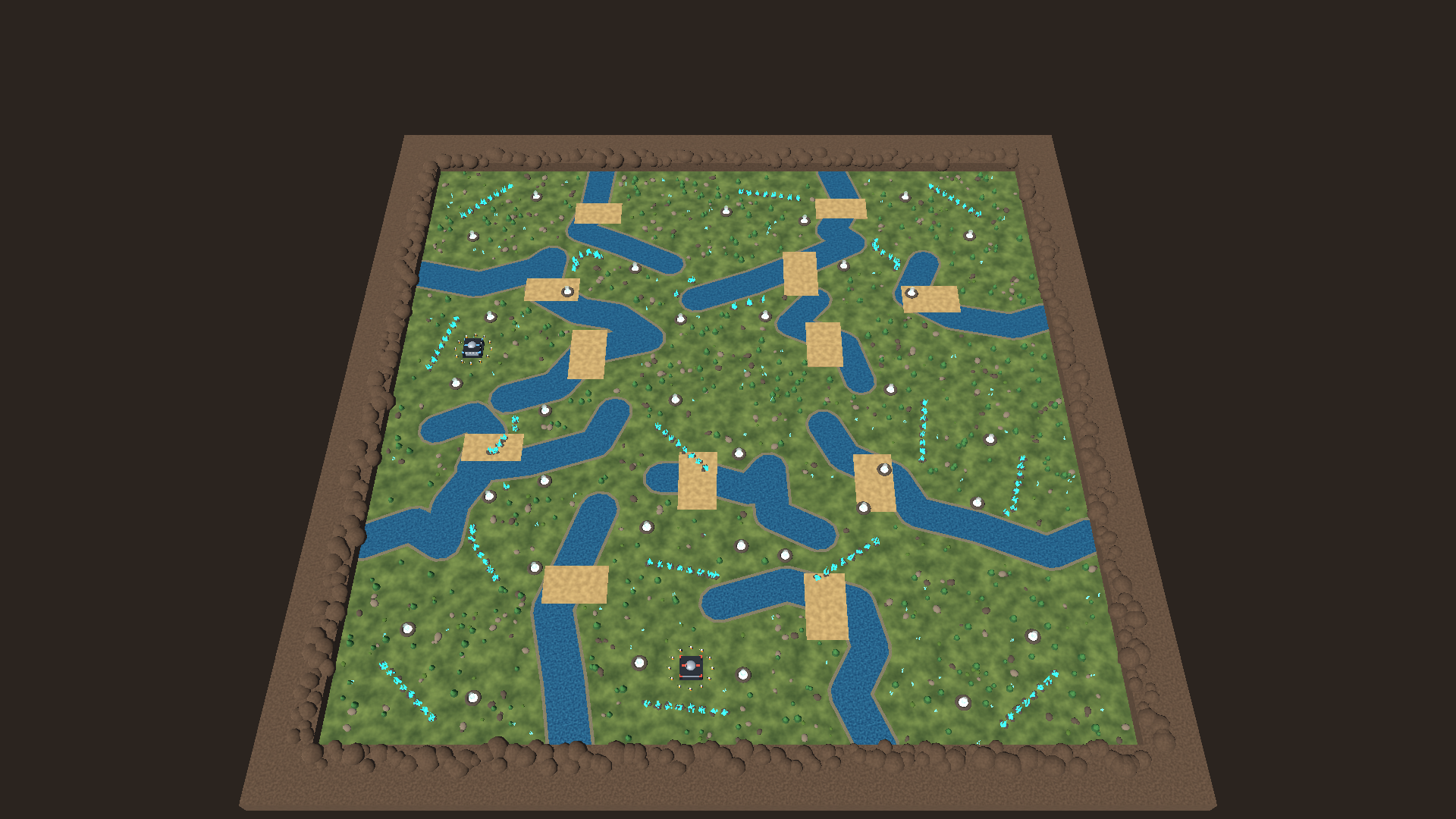 Frontier Hunters: the full 256×256 battlefield with waterways, crossings and expansion resources