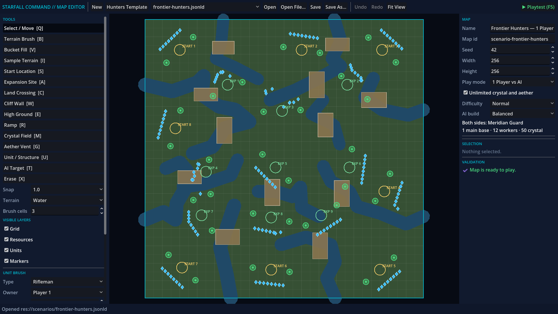 The Frontier Hunters map open in the editor with terrain tools, numbered starts, expansion sites and validation