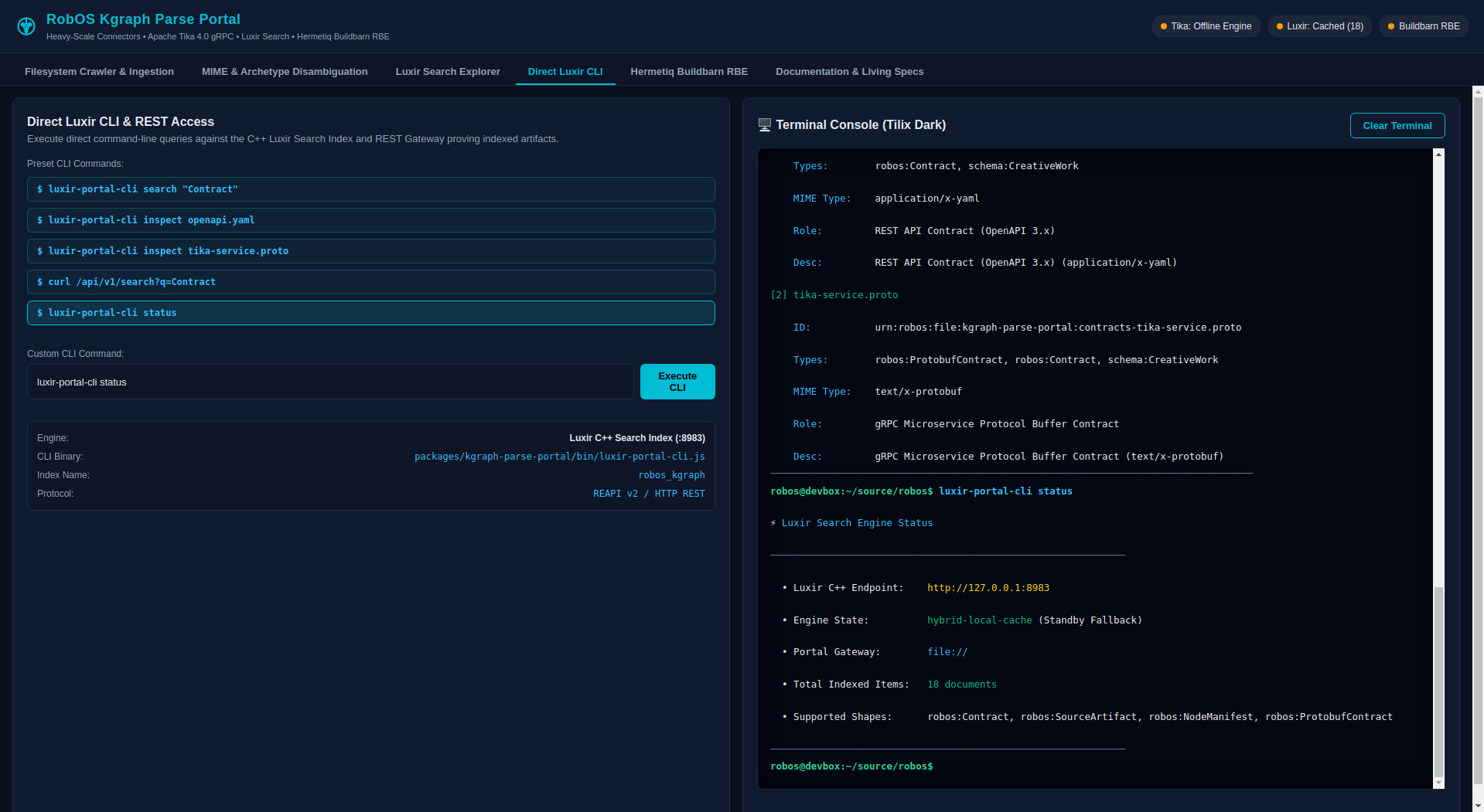 The Direct Luxir CLI tab after running status, with Engine State hybrid-local-cache (Standby Fallback)