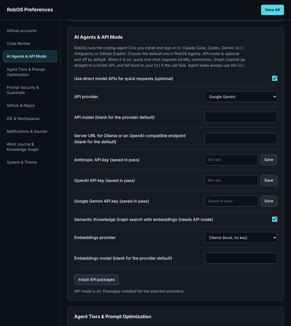 RobOS Preferences, AI Agents and API Mode section, with API mode on, Google Gemini selected, a Gemini key saved in pass, and semantic search using Ollama embeddings