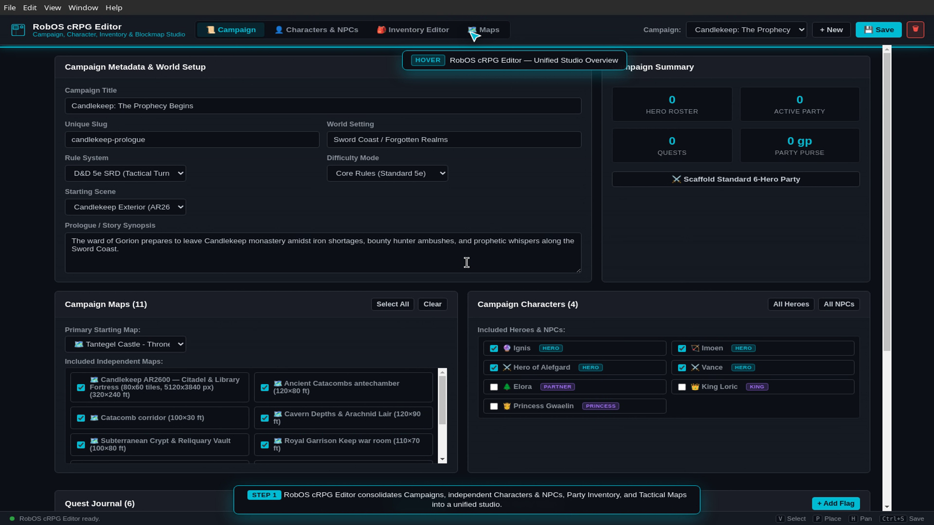 The cRPG Editor Campaign tab showing campaign metadata, the list of included maps and the list of included characters