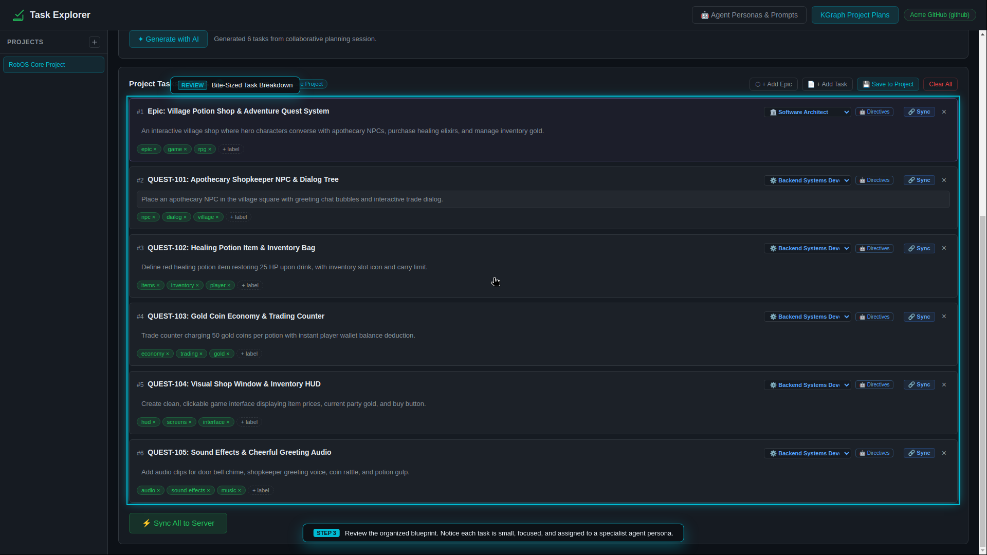 Task Planner showing six generated task cards, each with a persona dropdown, a Directives button and a Sync button, above a Sync All to Server button