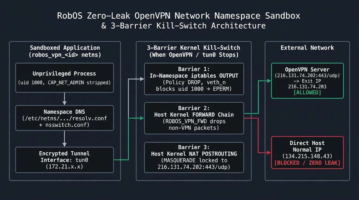 RobOS VPN Kill-Switch Architecture Diagram