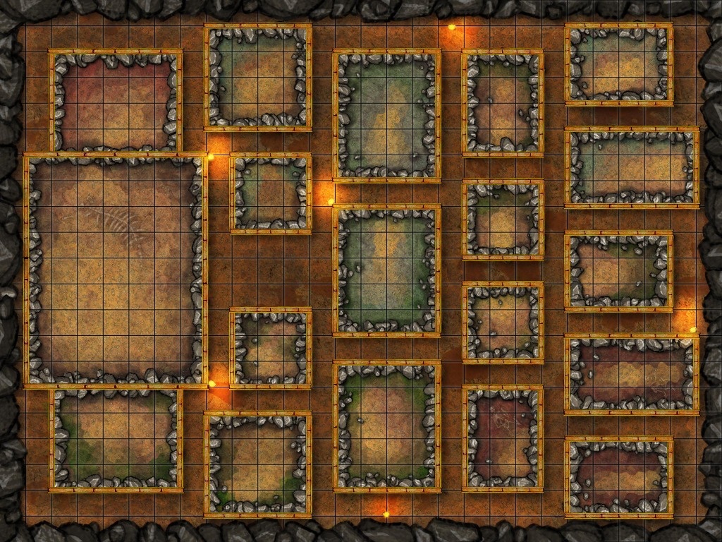 A dungeon board with rooms, doors and torches